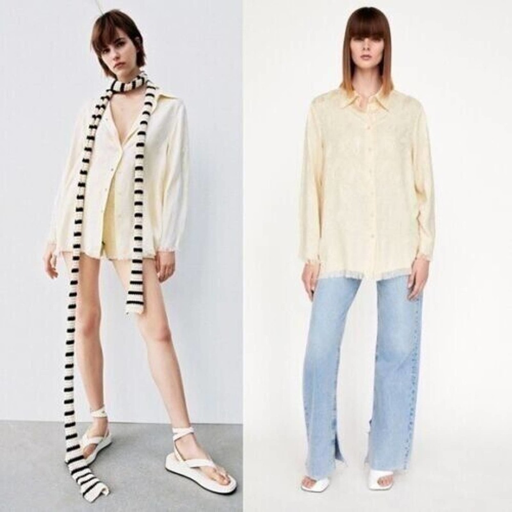 NWT ZARA FRAYED JACQUARD BUTTON FRINT SHIRT OVERSIZED BLOGGERS FAV S
